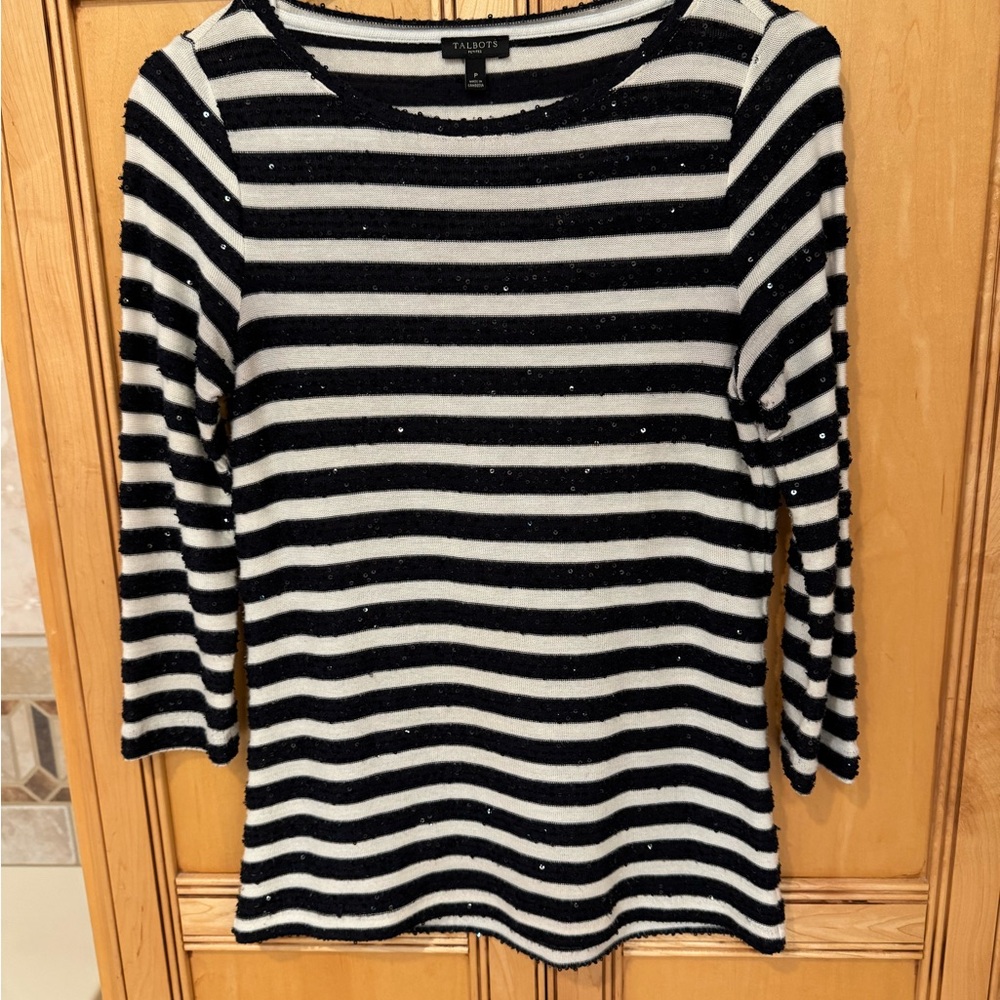 Talbots Navy and White Striped Three Quarter Sleeve Top